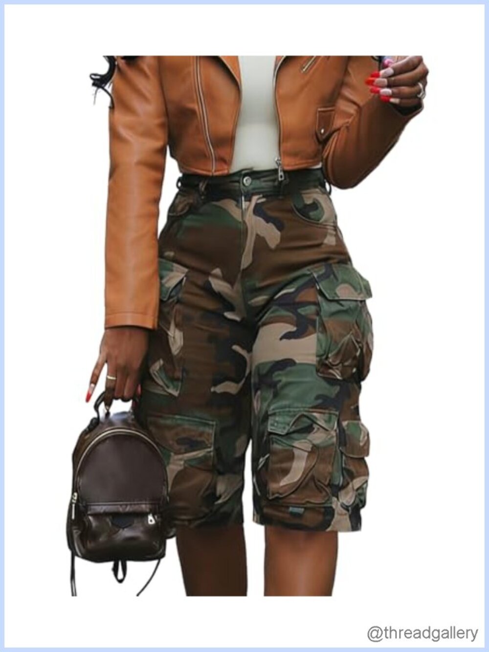 High Waisted Camo Cargo Denim Bermuda Shorts with Pockets